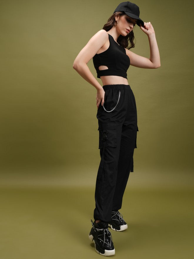 Tokyo Talkies Women Black Solid Regular Fit Cargos - Black - Image 2