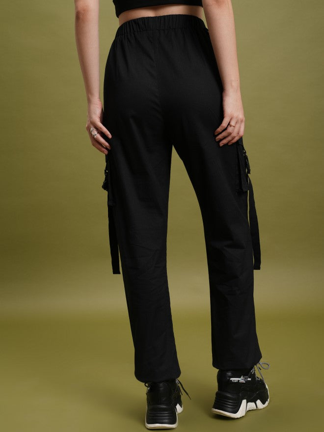 Tokyo Talkies Women Black Solid Regular Fit Cargos - Black - Image 3