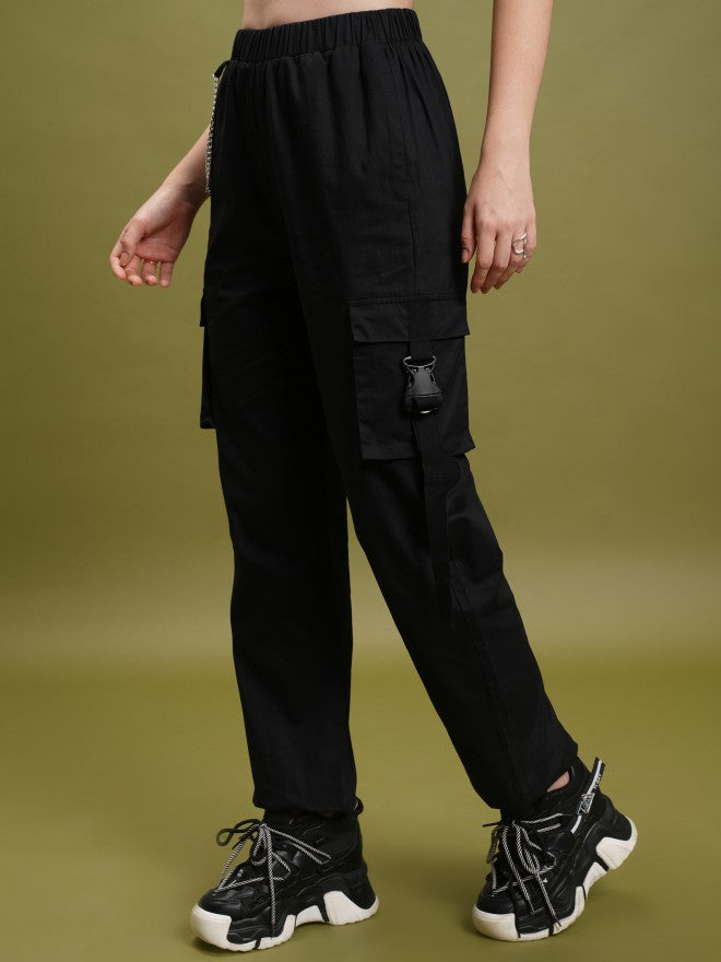 Tokyo Talkies Women Black Solid Regular Fit Cargos - Black - Image 4