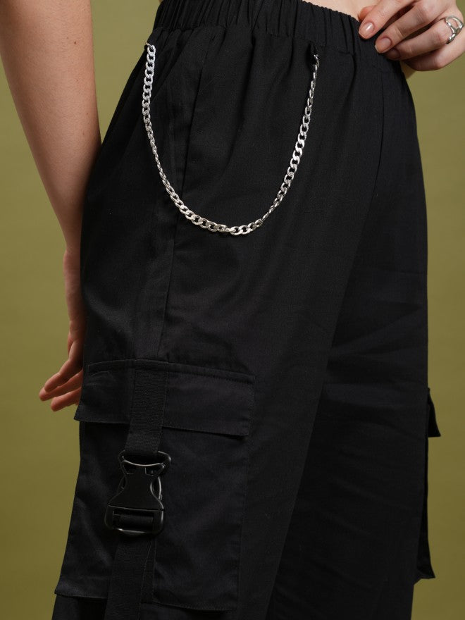 Tokyo Talkies Women Black Solid Regular Fit Cargos - Black - Image 5