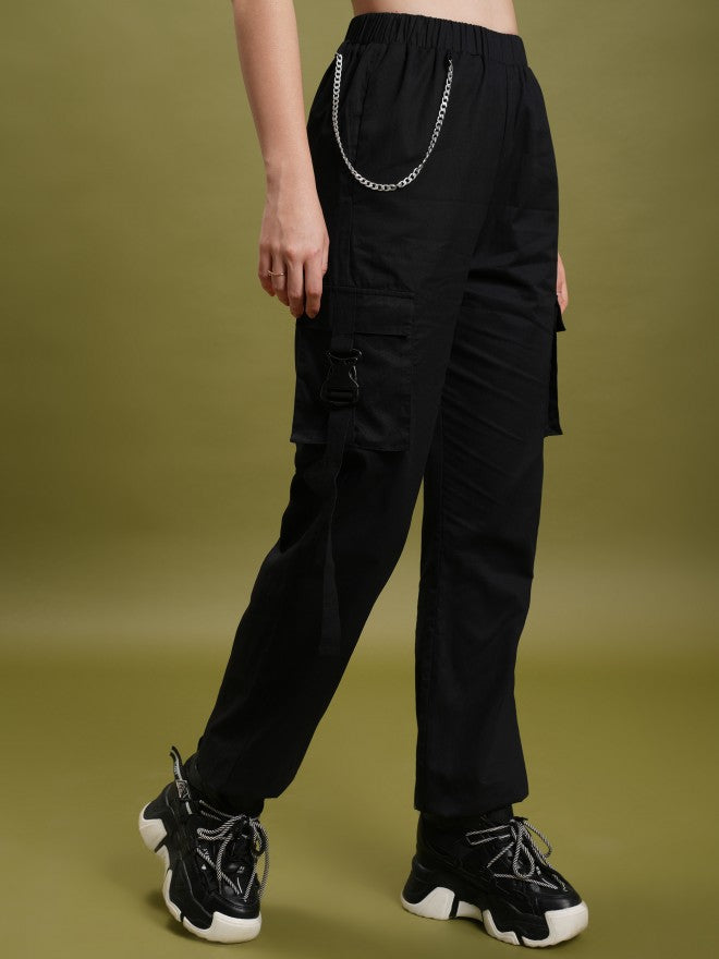 Tokyo Talkies Women Black Solid Regular Fit Cargos - Black - Image 6