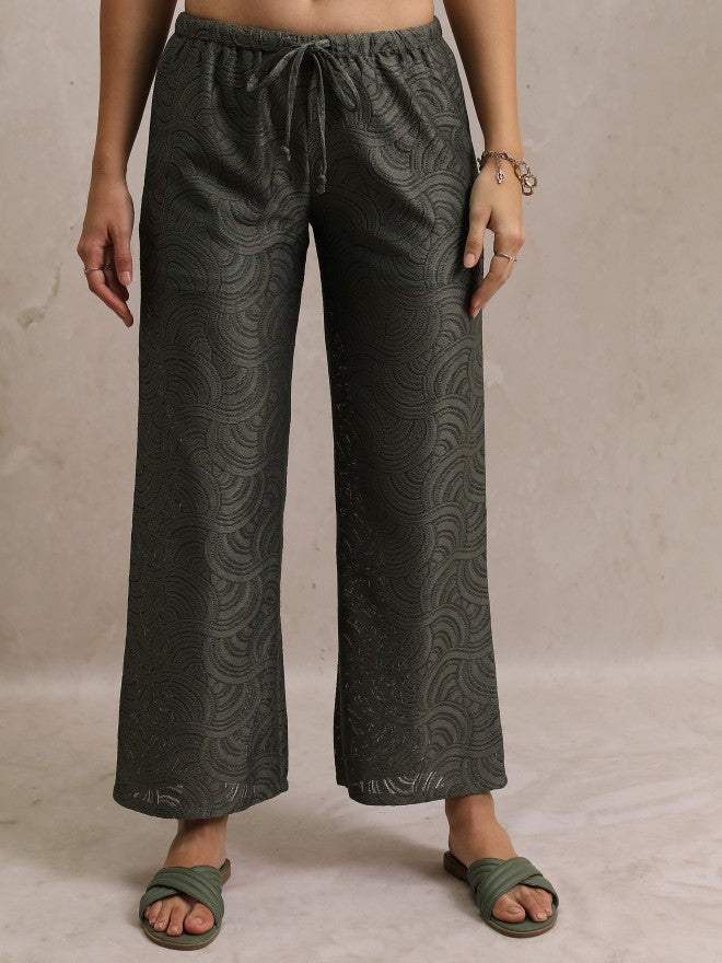 Self Design Flared Casual Trouser - Green - Image 1