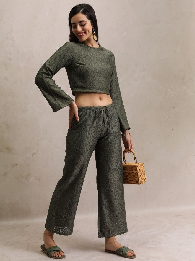 Self Design Flared Casual Trouser - Green - Image 2