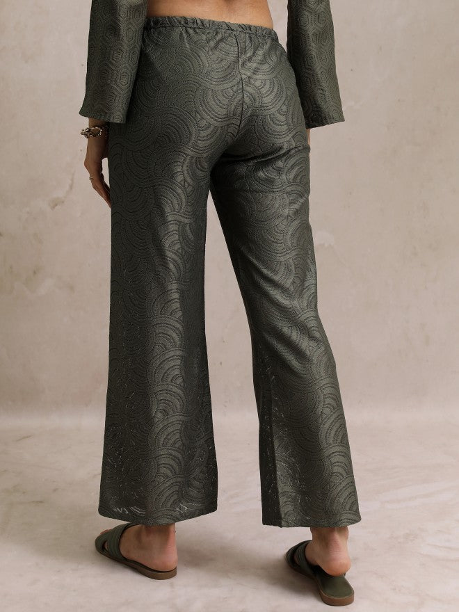 Self Design Flared Casual Trouser - Green - Image 3