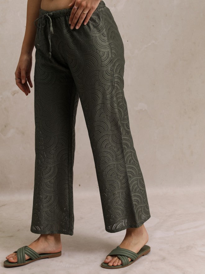 Self Design Flared Casual Trouser - Green - Image 4
