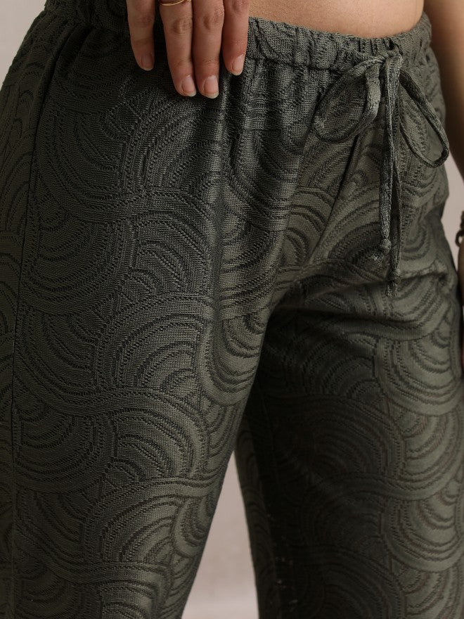 Self Design Flared Casual Trouser - Green - Image 5