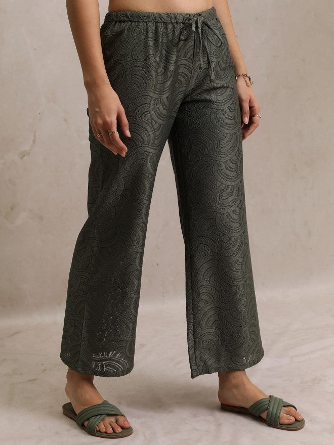 Self Design Flared Casual Trouser - Green - Image 6