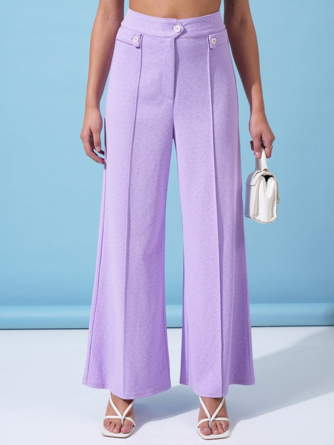 Tokyo Talkies Women Lavender Solid Flared Casual Trousers - Lavender - Image 1