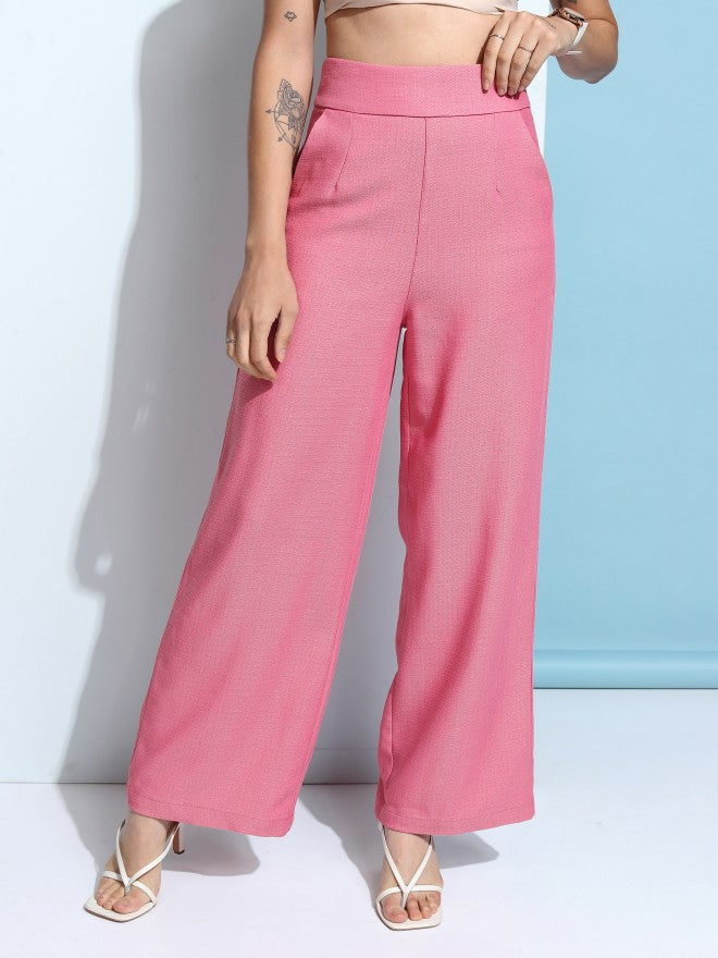 Tokyo Talkies Women Pink Solid Flared Wide Leg Trouser - Pink - Image 1