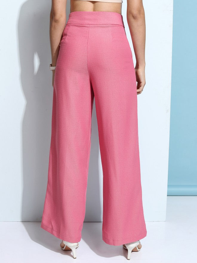 Tokyo Talkies Women Pink Solid Flared Wide Leg Trouser - Pink - Image 3