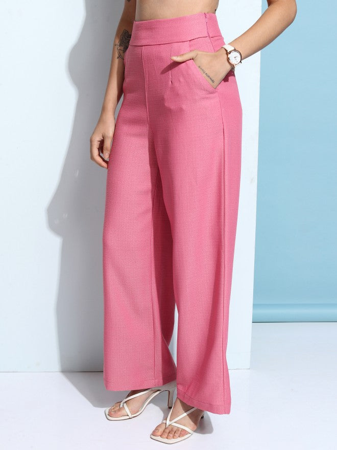 Tokyo Talkies Women Pink Solid Flared Wide Leg Trouser - Pink - Image 4