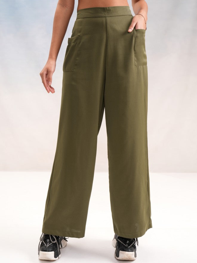 Tokyo Talkies Women Olive Solid Wide Leg Casual Trouser - Olive - Image 1