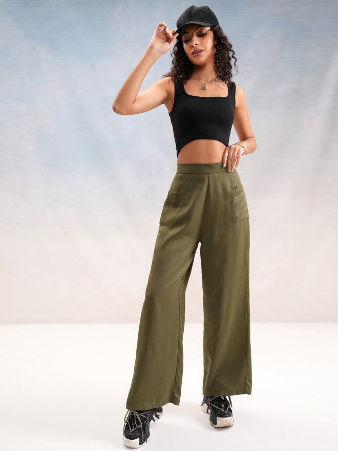 Tokyo Talkies Women Olive Solid Wide Leg Casual Trouser - Olive - Image 2