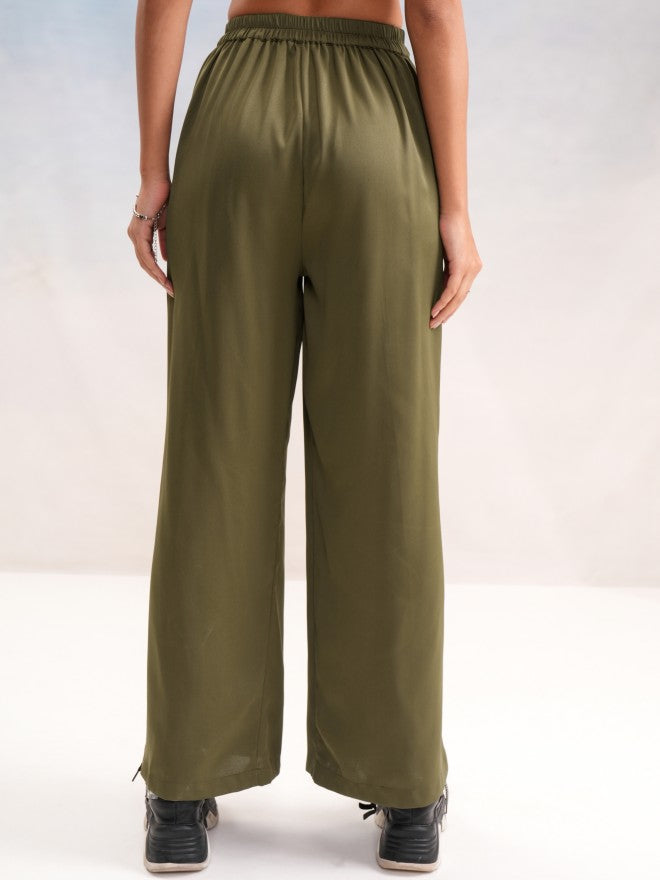 Tokyo Talkies Women Olive Solid Wide Leg Casual Trouser - Olive - Image 3