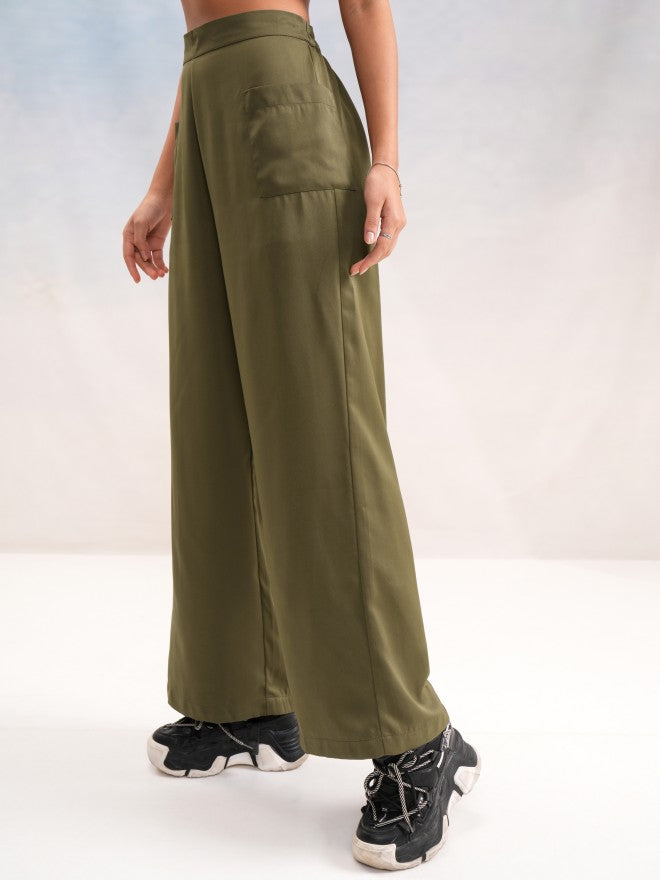 Tokyo Talkies Women Olive Solid Wide Leg Casual Trouser - Olive - Image 4