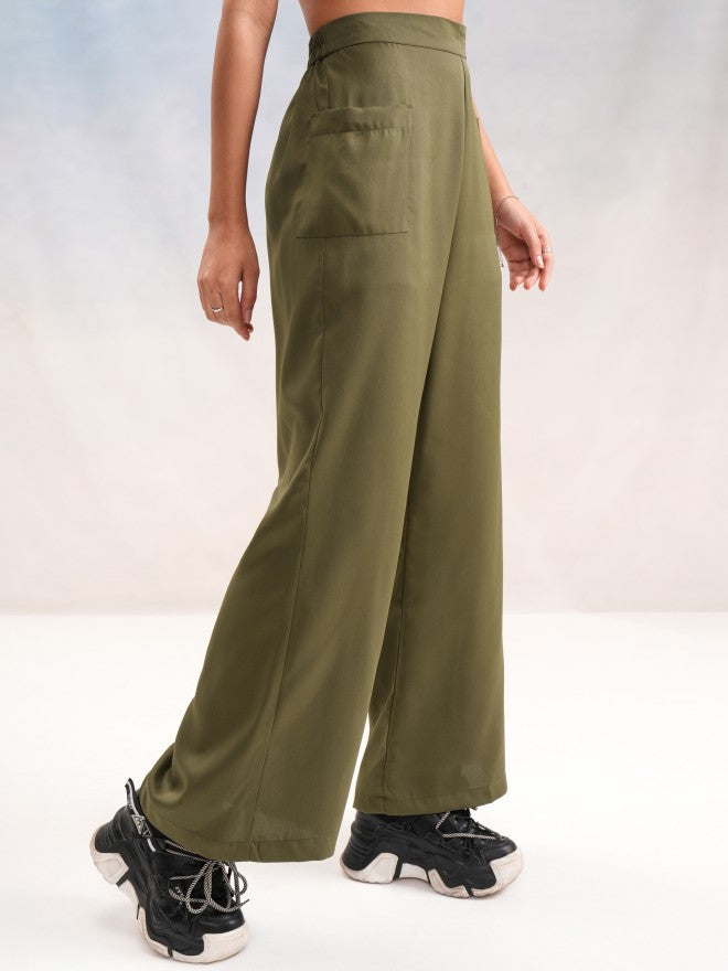 Tokyo Talkies Women Olive Solid Wide Leg Casual Trouser - Olive - Image 6