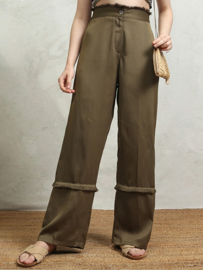 Tokyo Talkies Women Olive Solid Straight Fit Casual Trouser - Olive - Image 1