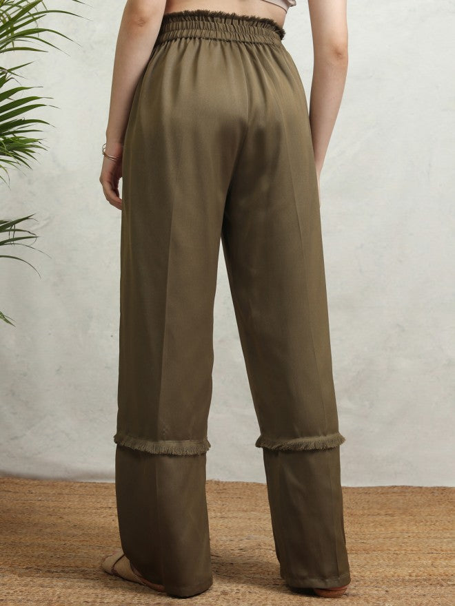 Tokyo Talkies Women Olive Solid Straight Fit Casual Trouser - Olive - Image 3