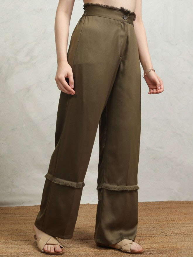 Tokyo Talkies Women Olive Solid Straight Fit Casual Trouser - Olive - Image 6