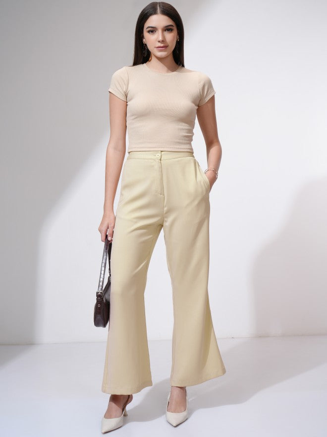 Tokyo Talkies Women Beige Solid Flared Casual Trouser - Beige - Image 2