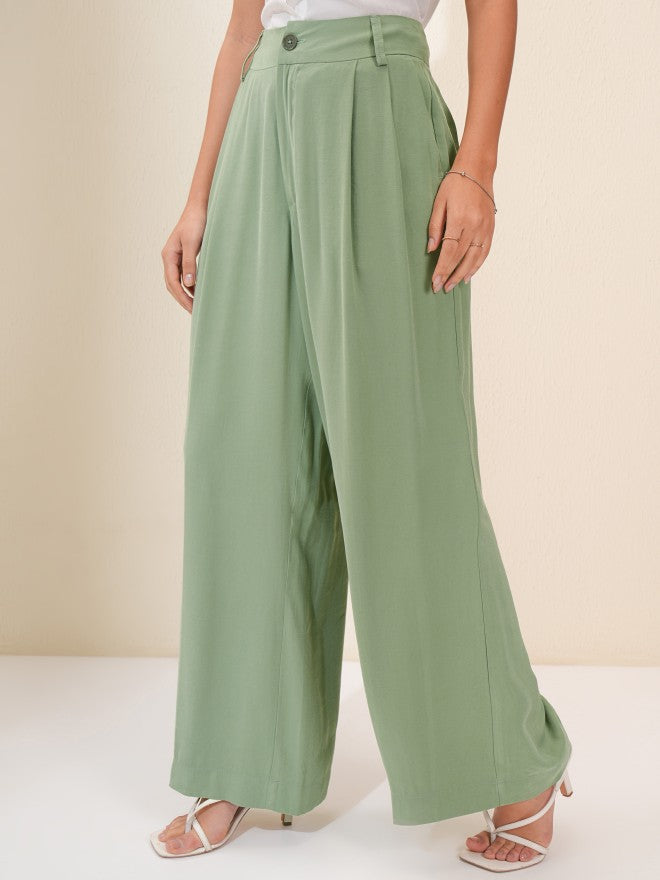 Tokyo Talkies Women Green Regular Solid Wide Leg - Green - Image 4