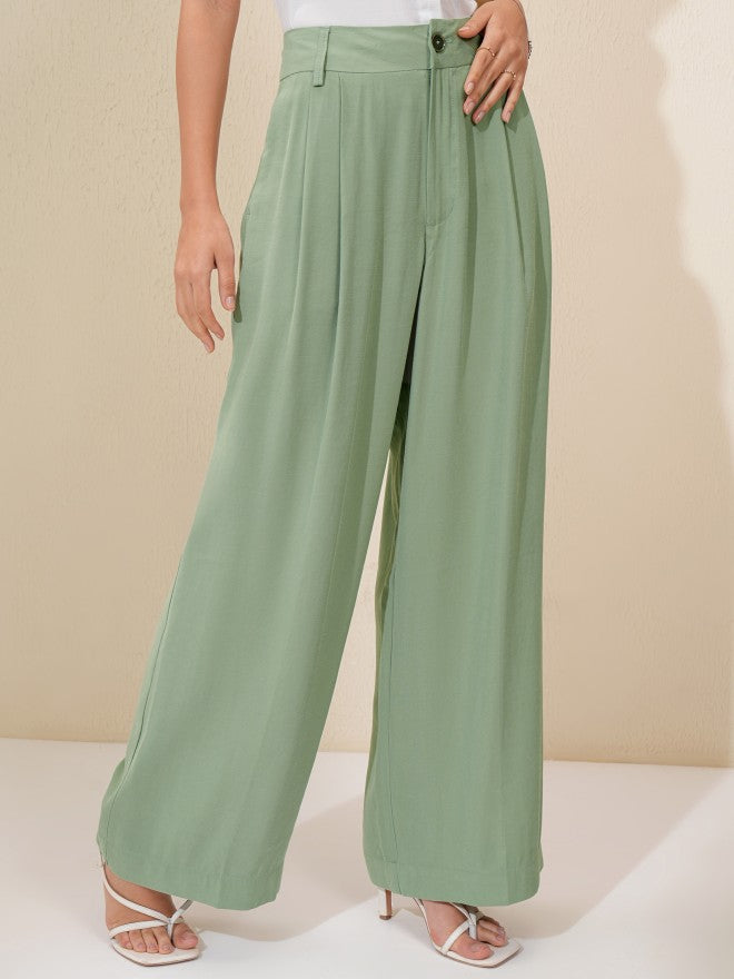 Tokyo Talkies Women Green Regular Solid Wide Leg - Green - Image 6