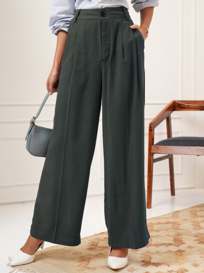 Tokyo Talkies Women Charcoal Solid Flared Casual Trouser - Charcoal - Image 1