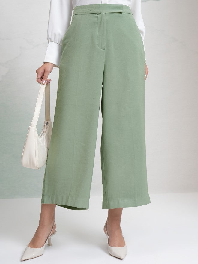 Tokyo Talkies Women Green Solid Straight Fit Casual Trouser - Green - Image 1