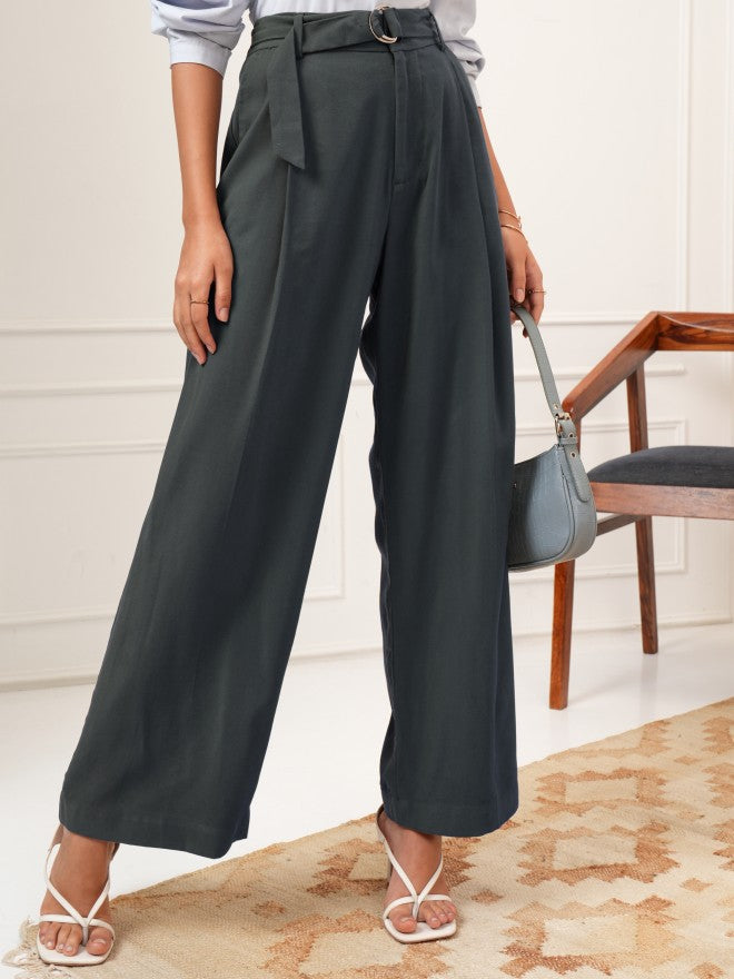 Tokyo Talkies Women Charcoal Solid Flared Casual Trouser - Charcoal - Image 1