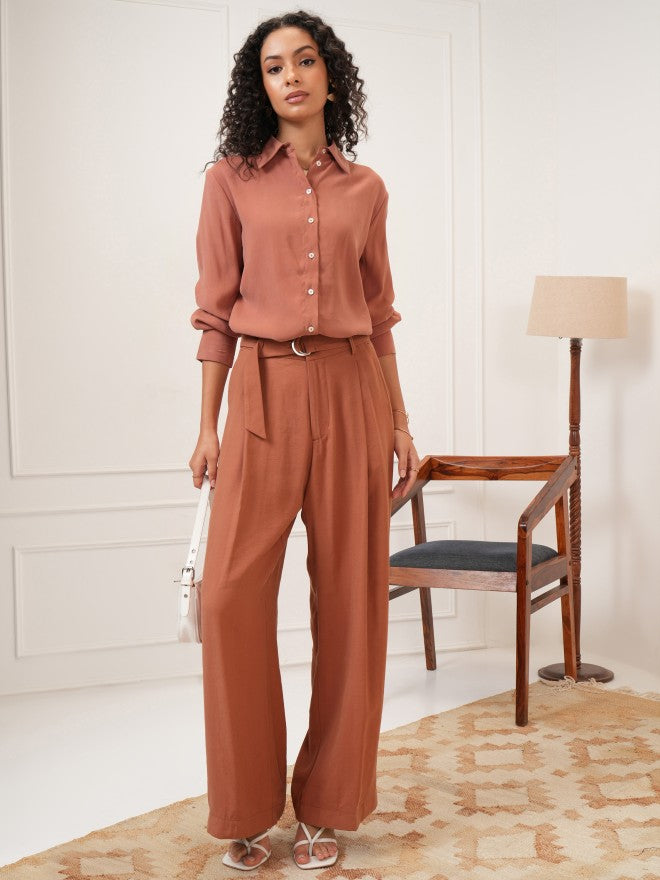Tokyo Talkies Women Rose Solid Flared Casual Trouser - Rose - Image 2