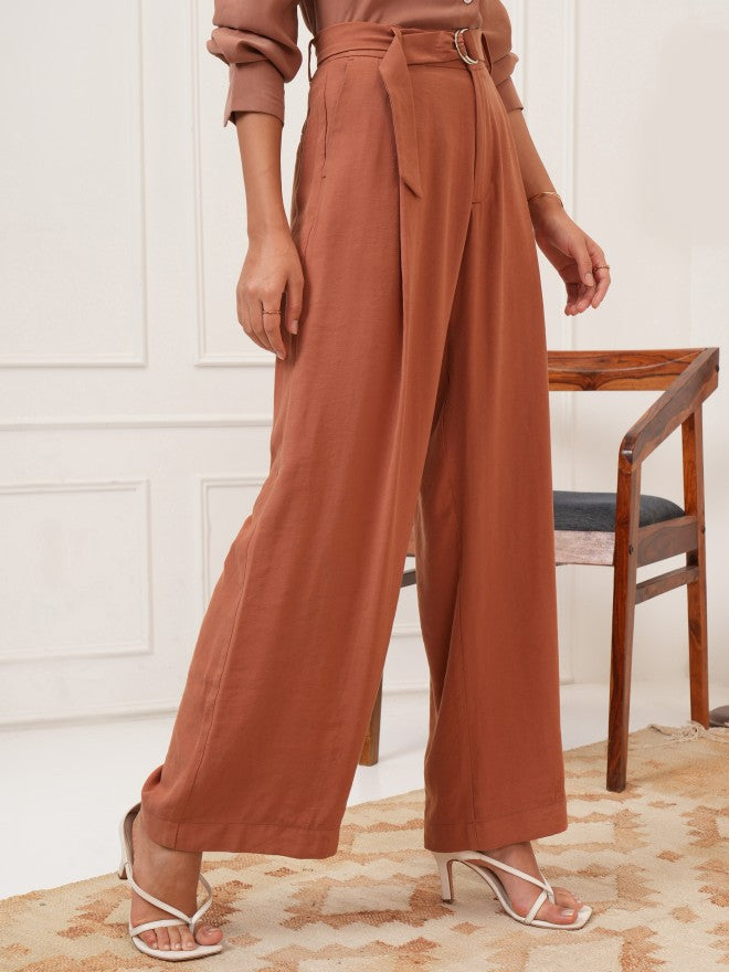 Tokyo Talkies Women Rose Solid Flared Casual Trouser - Rose - Image 6