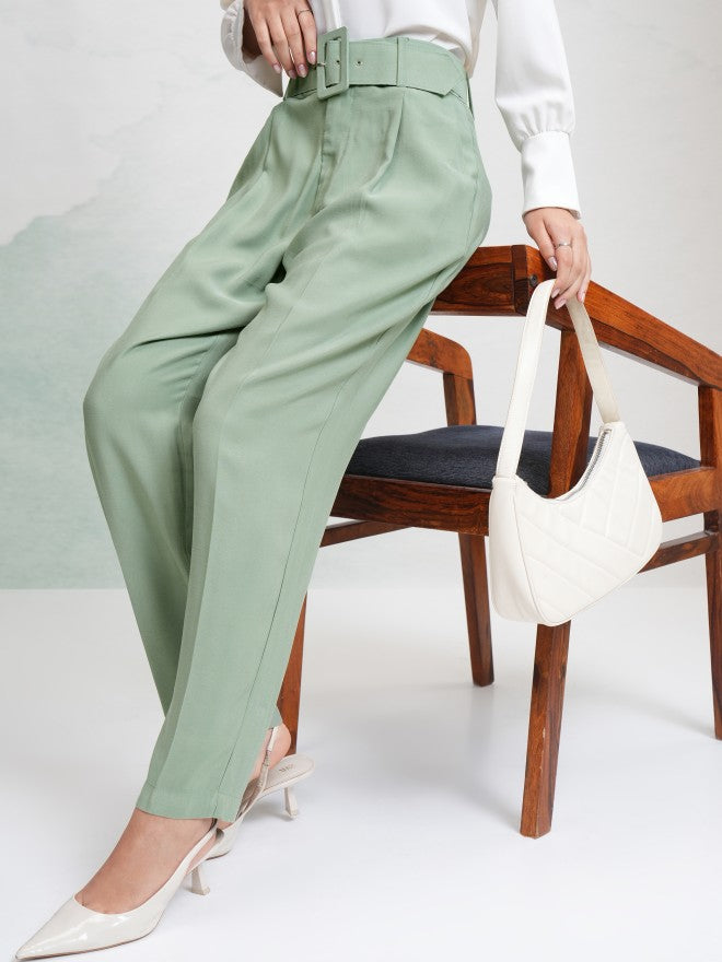 Tokyo Talkies Women Green Solid Straight Fit Casual Trouser - Green - Image 1