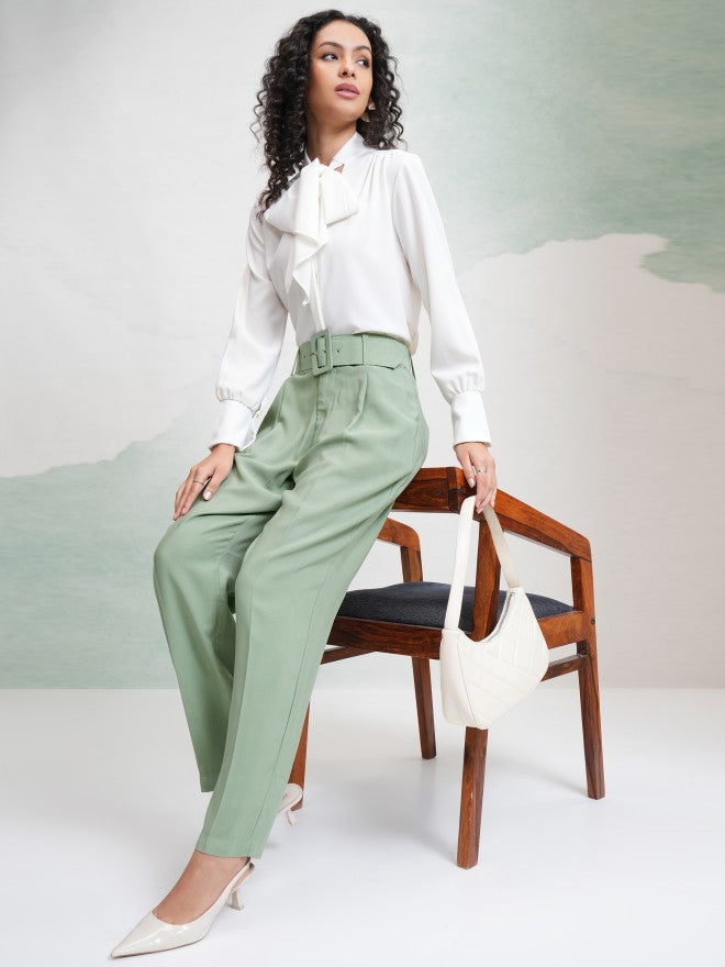 Tokyo Talkies Women Green Solid Straight Fit Casual Trouser - Green - Image 2