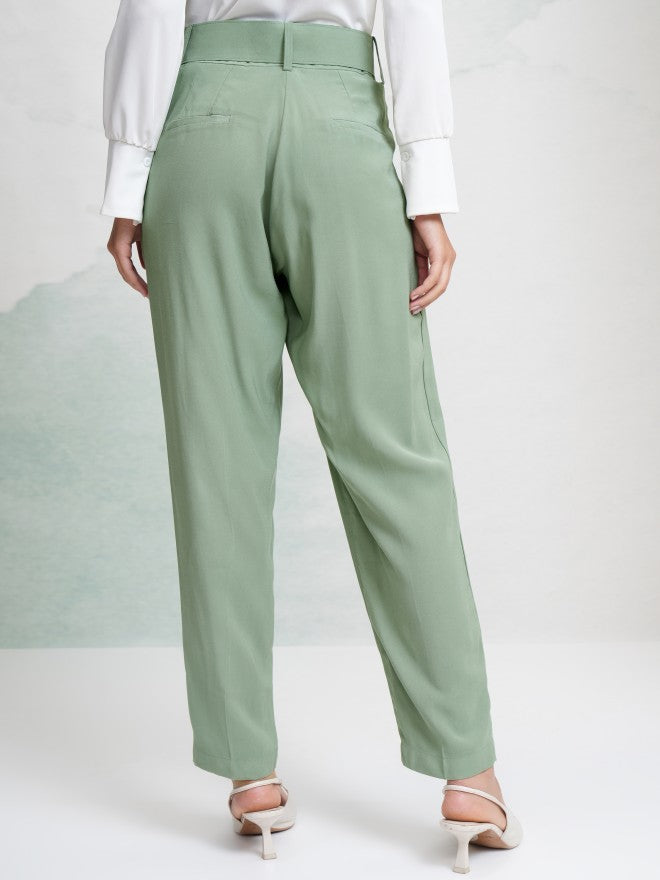 Tokyo Talkies Women Green Solid Straight Fit Casual Trouser - Green - Image 3