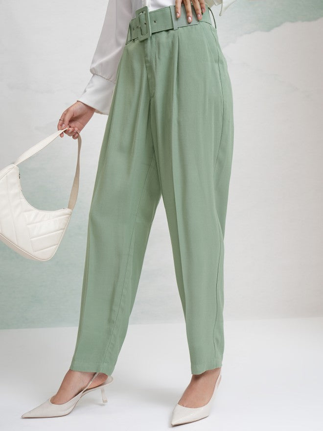 Tokyo Talkies Women Green Solid Straight Fit Casual Trouser - Green - Image 4