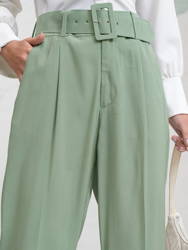 Tokyo Talkies Women Green Solid Straight Fit Casual Trouser - Green - Image 5