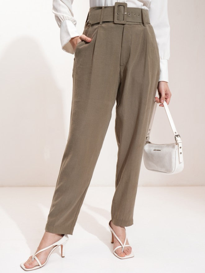 Tokyo Talkies Women Olive Regular Fit Solid Casual Trousers - Olive - Image 1