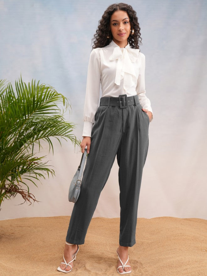 Tokyo Talkies Women Charcoal Solid Straight Fit Casual Trouser - Charcoal - Image 2