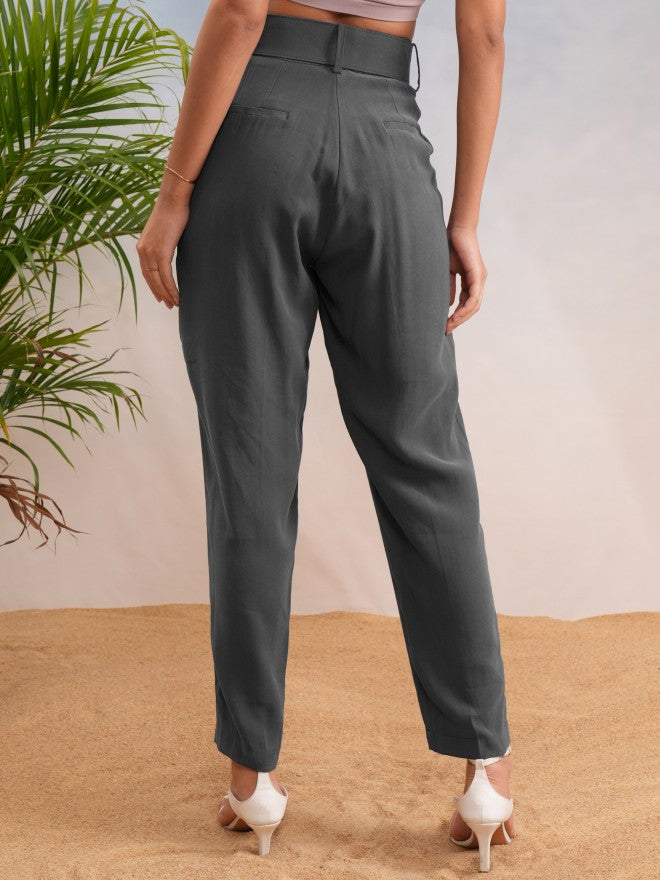 Tokyo Talkies Women Charcoal Solid Straight Fit Casual Trouser - Charcoal - Image 3