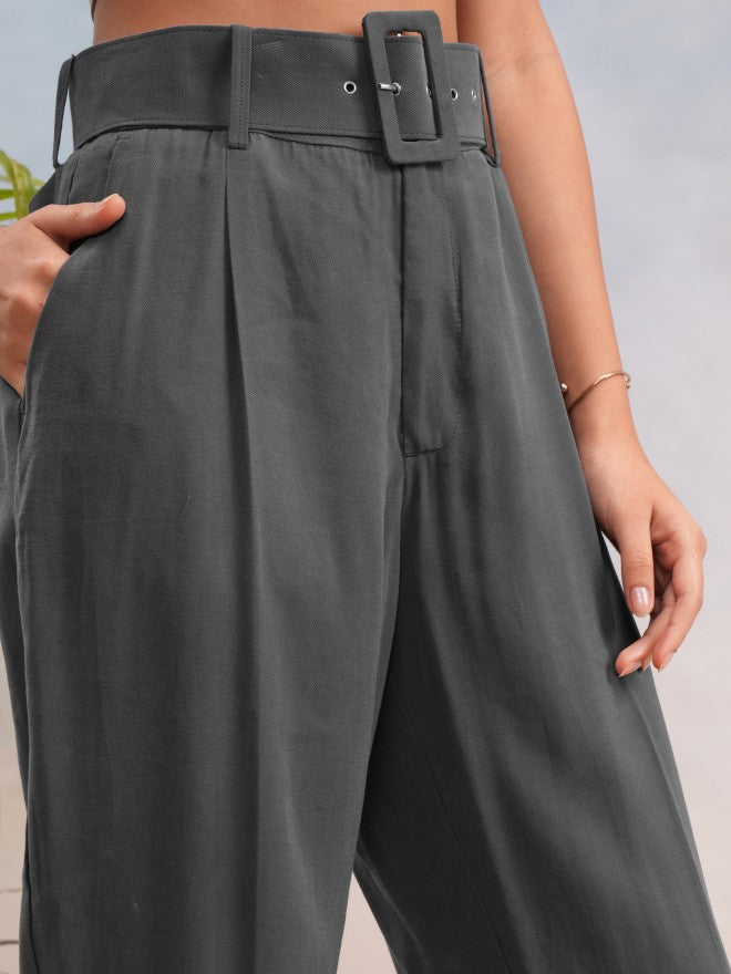 Tokyo Talkies Women Charcoal Solid Straight Fit Casual Trouser - Charcoal - Image 5