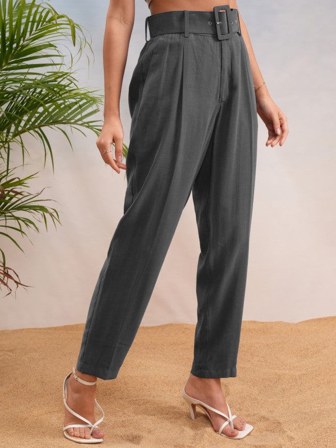 Tokyo Talkies Women Charcoal Solid Straight Fit Casual Trouser - Charcoal - Image 6