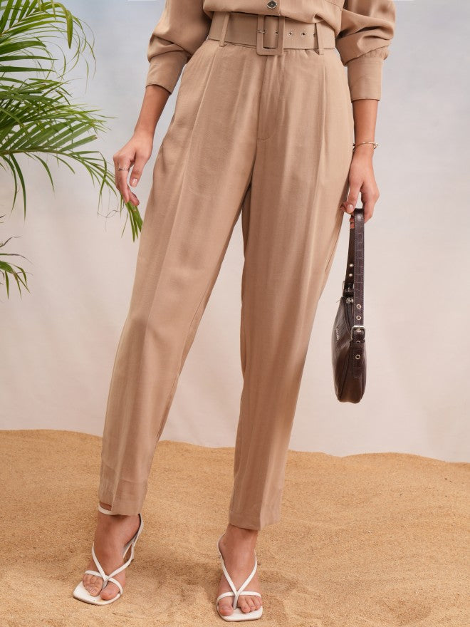 Tokyo Talkies Women Beige Solid Straight Fit Casual Trouser - Beige - Image 1