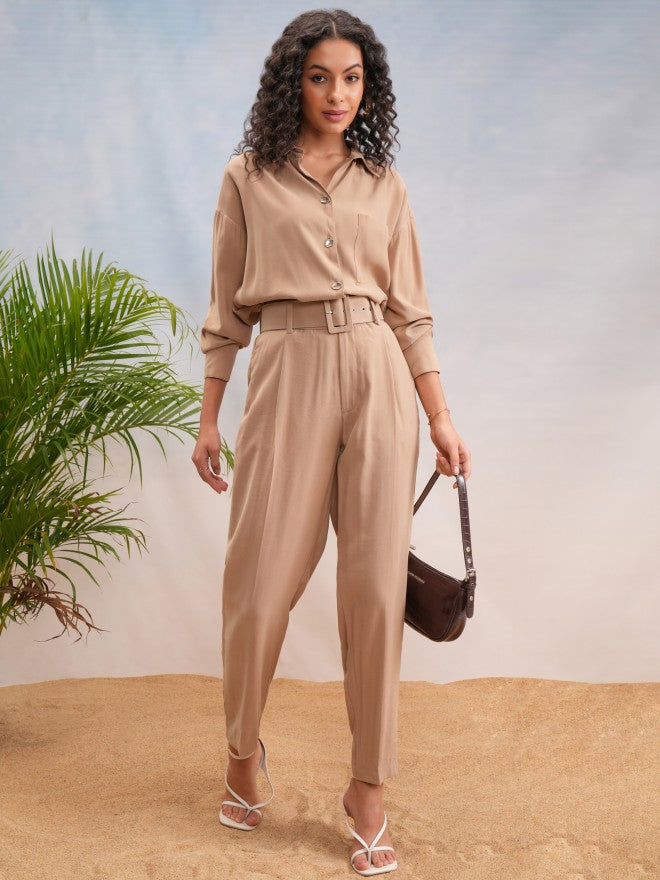 Tokyo Talkies Women Beige Solid Straight Fit Casual Trouser - Beige - Image 2