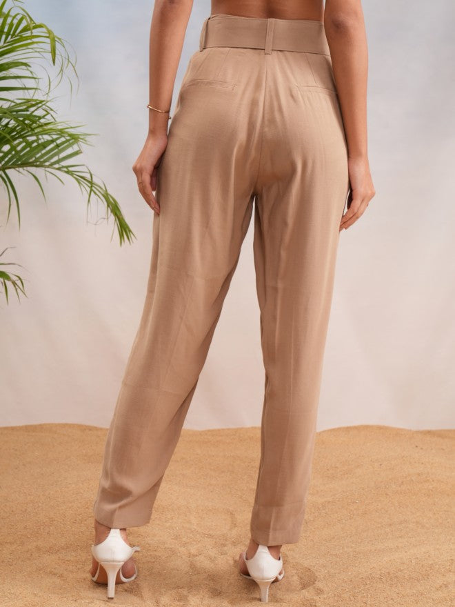 Tokyo Talkies Women Beige Solid Straight Fit Casual Trouser - Beige - Image 3