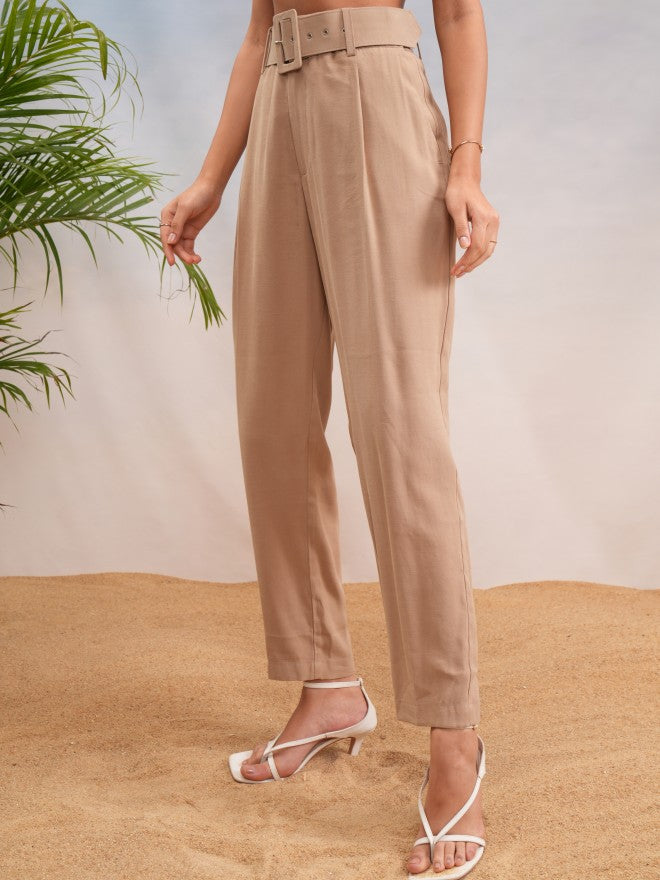 Tokyo Talkies Women Beige Solid Straight Fit Casual Trouser - Beige - Image 4