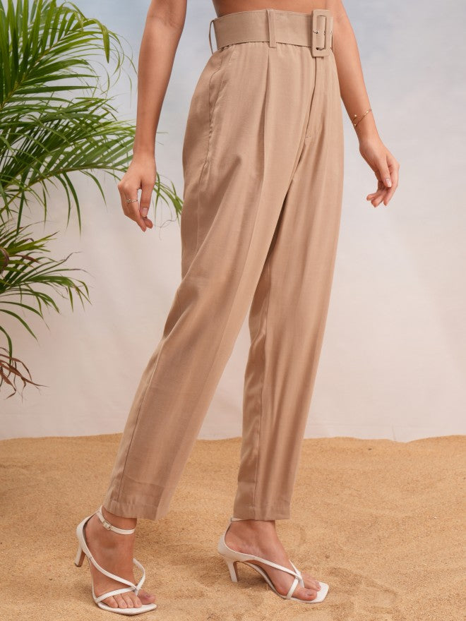 Tokyo Talkies Women Beige Solid Straight Fit Casual Trouser - Beige - Image 6