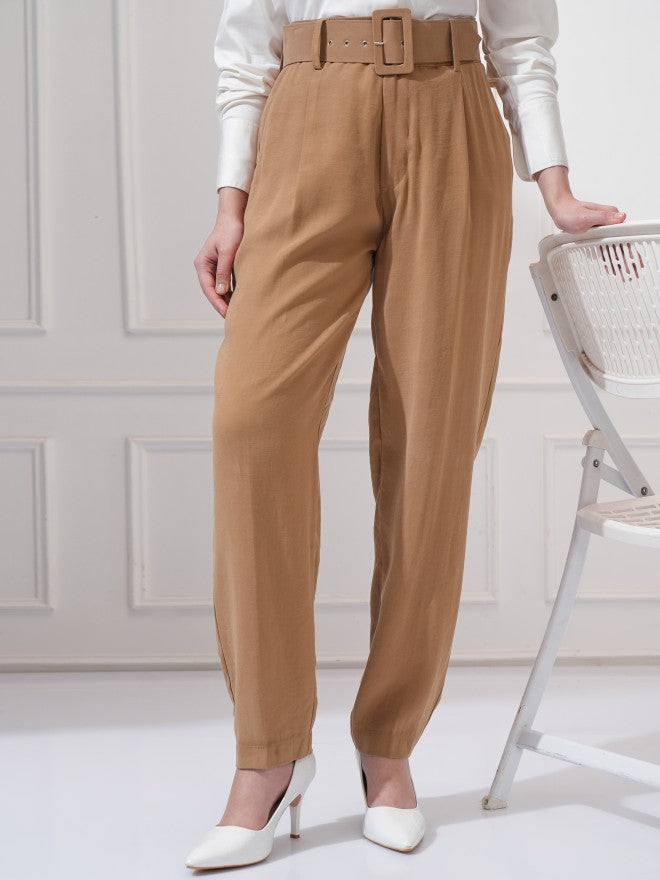 Tokyo Talkies Women Taupe Solid Straight Fit Casual Trouser - Taupe - Image 1