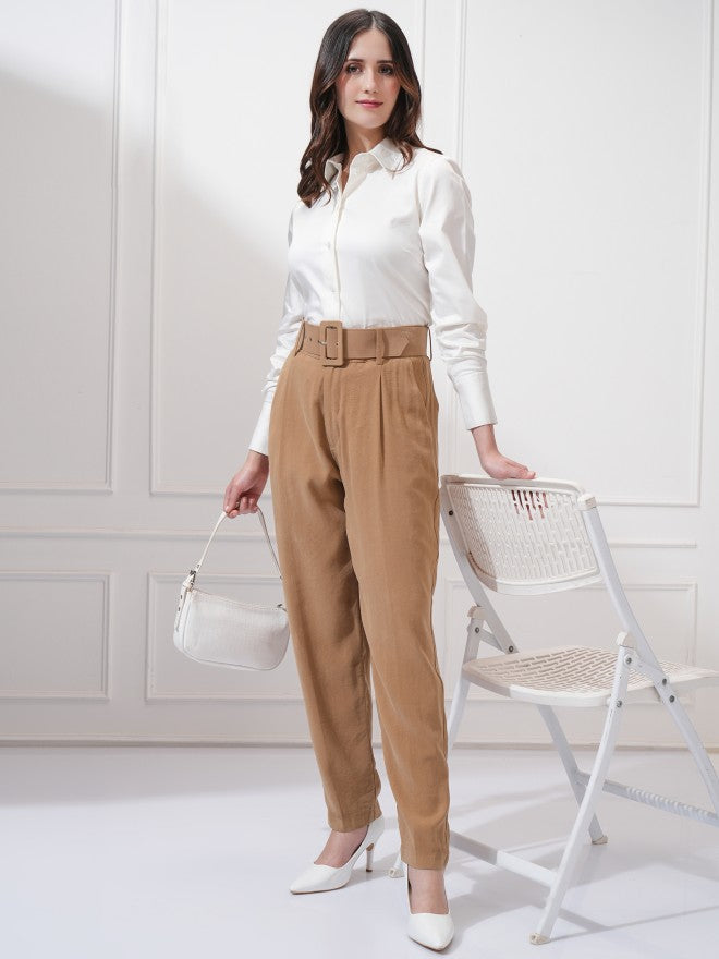 Tokyo Talkies Women Taupe Solid Straight Fit Casual Trouser - Taupe - Image 2
