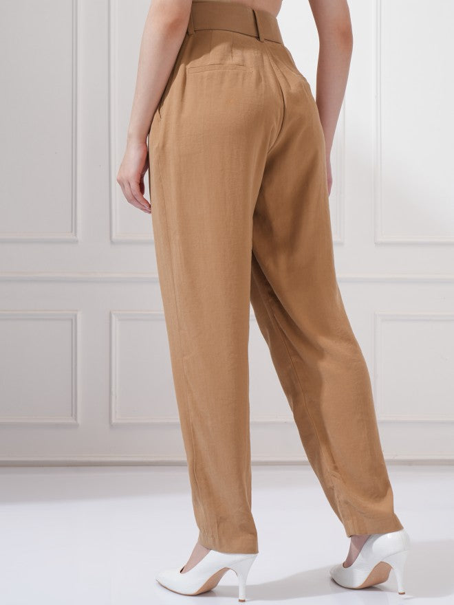 Tokyo Talkies Women Taupe Solid Straight Fit Casual Trouser - Taupe - Image 3