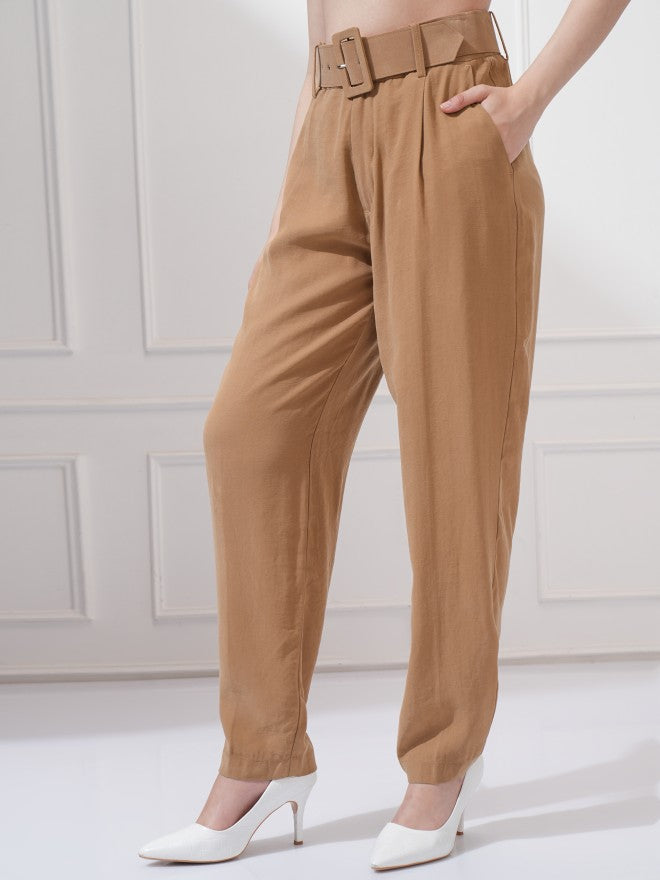 Tokyo Talkies Women Taupe Solid Straight Fit Casual Trouser - Taupe - Image 4